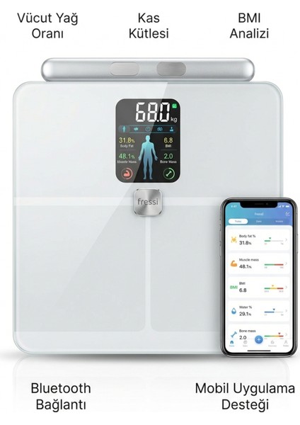 Dijital Baskül Shape Pro 8 Elektrotlu Gümüş Akıllı Tartı LCD Ekranlı Hassas Ölçüm