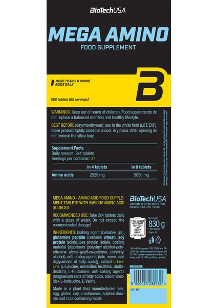 Bıotech Usa Mega Amino - 500 Tablets fiyatları