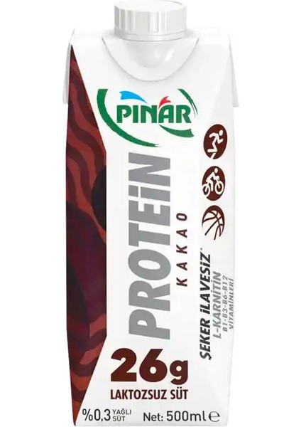 Kakaolu Protein Süt 500 ml x 12 Adet 26g Protein İçeren Laktozsuz Kakaolu İçecek