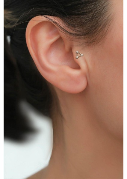 14 Ayar Altın Beyaz Taşlı Üçgen Tragus Piercing
