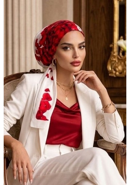 Beyaz Kırmızı Gül Desen Eşarp Bone modelleri