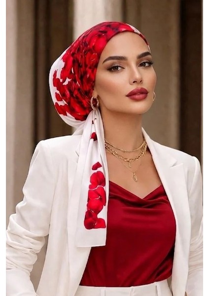 Beyaz Kırmızı Gül Desen Eşarp Bone fırsatları
