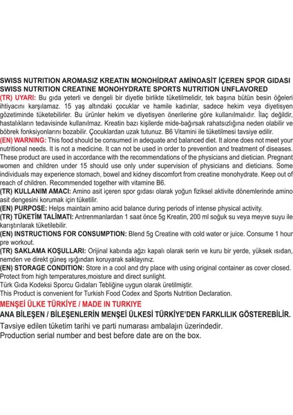 Swiss Gold Kreatin 400 gr %100 Saf Monohidrat Türkiye Menşeli 80 Servis