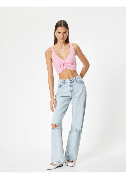 Drapeli V Yaka Crop Üst Kolsuz Slim Fit fiyatları