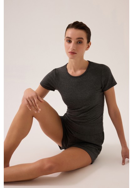x Ece Antrasit Modal Kumaşlı Kısa Kollu Şortlu Pijama Takımı Ribbed Pj4