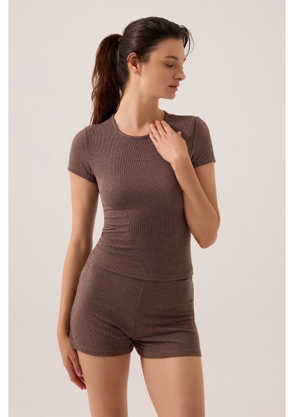 x Ece Kahverengi Modal Kumaşlı Kısa Kollu Şortlu Pijama Takımı Ribbed Pj4