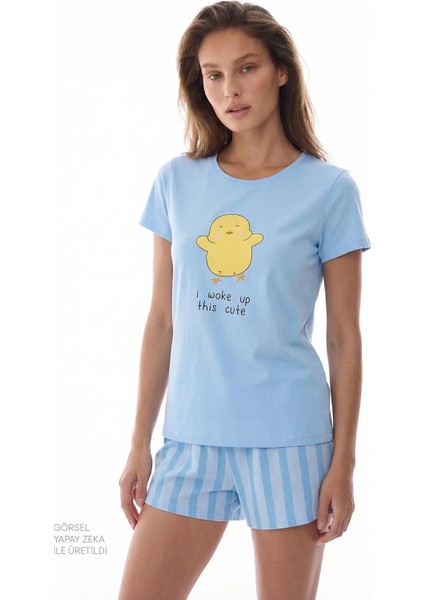 Açık Mavi Happy Day Çizgili Kısa Kollu Şort Pijama Takımı