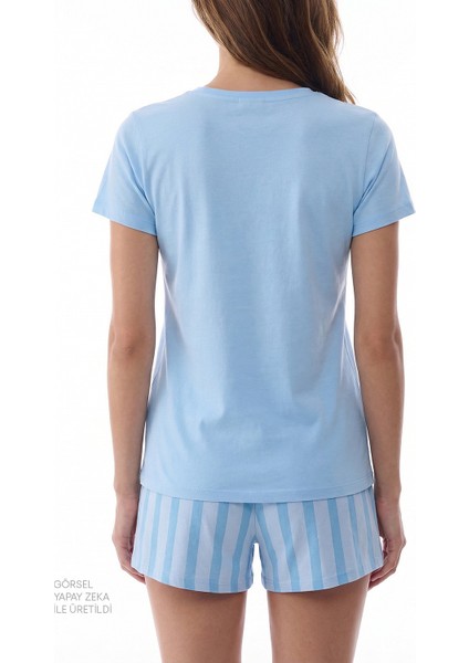 Açık Mavi Happy Day Çizgili Kısa Kollu Şort Pijama Takımı