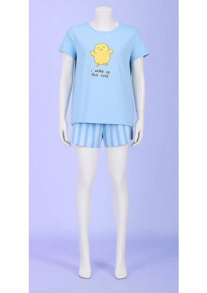 Açık Mavi Happy Day Çizgili Kısa Kollu Şort Pijama Takımı
