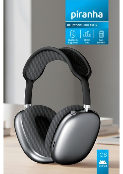 Piranha 2221S Kablosuz Bluetooth Kulak Üstü Kulaklık Siyah Mikrofonlu Ekstra Bas Özelliği ile