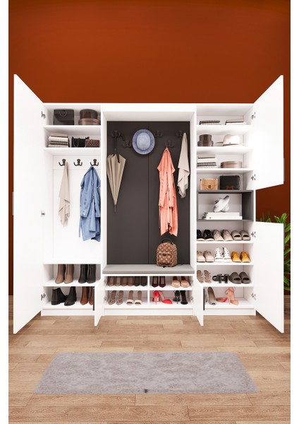 Lüks Puflu Aynalı Portmanto Askılı Vestiyer %100 MDF Çok Raflı Ayakkabılık V06 210 cm Genişlik fiyatları