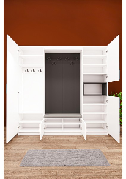 Lüks Puflu Aynalı Portmanto Askılı Vestiyer %100 MDF Çok Raflı Ayakkabılık V06 210 cm Genişlik modelleri