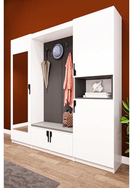 Lüks Puflu Aynalı Portmanto Askılı Vestiyer %100 MDF Çok Raflı Ayakkabılık V06 210 cm Genişlik fırsatları