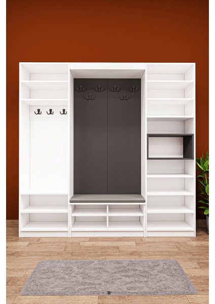 Lüks Puflu Aynalı Portmanto Askılı Vestiyer %100 MDF Çok Raflı Ayakkabılık V06 210 cm Genişlik indirimleri