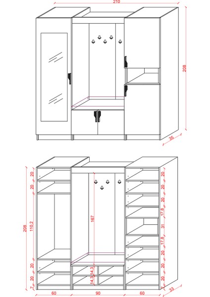 Lüks Puflu Aynalı Portmanto Askılı Vestiyer %100 MDF Çok Raflı Ayakkabılık V06 210 cm Genişlik