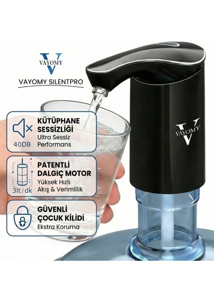 Vayomy SilentPro Sessiz Şarjlı Otomatik Damacana Su Pompası Dalgıç Motor Yüksek Hızlı Dolum Çocuk Kilidi (Bpa Free)