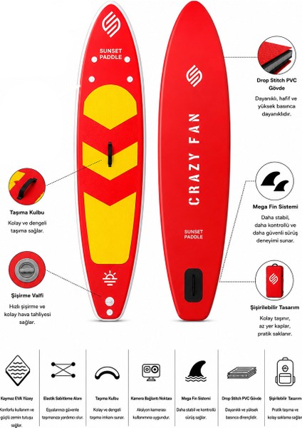 Crazy Fan Sarı Kırmızı Şişme SUP Board / Paddle Board 320 cm