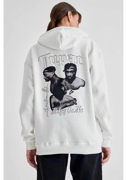 Kapüşonlu Sırt Baskılı Üç Iplik Oversize Sweatshirt - Beyaz fiyatları