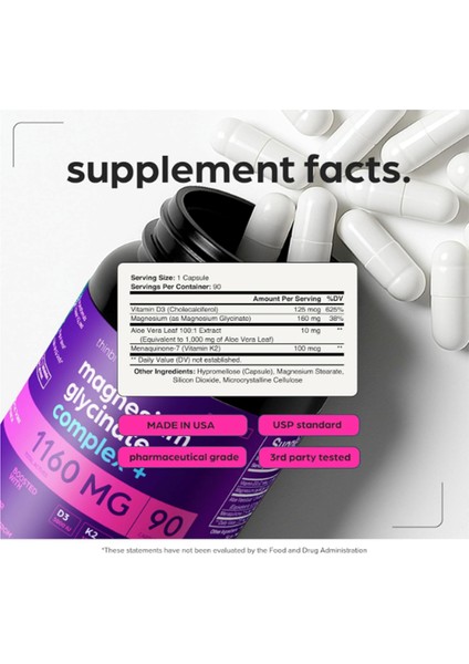 Magnesium Chelated Glycinate 1160MG + Aloe Vera, D3 K2 Complex 90 Capsules - High Absorption. fiyatları