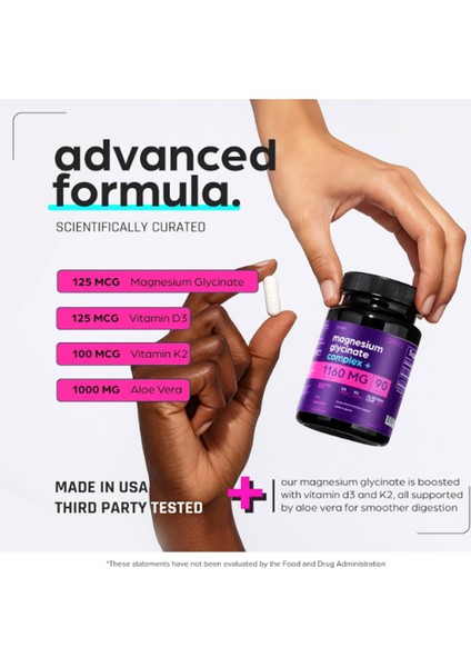 Magnesium Chelated Glycinate 1160MG + Aloe Vera, D3 K2 Complex 90 Capsules - High Absorption. fırsatları