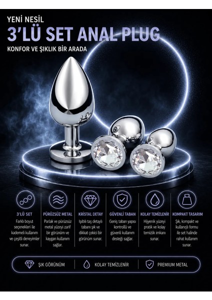 Taşlı 3 Farklı Boyutta Metal Anal Plug Seti