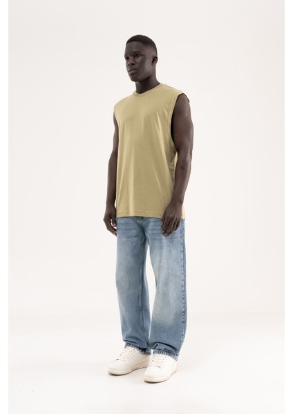 Erkek Oversize Bisiklet Yaka Basic Atlet Küf Yeşili