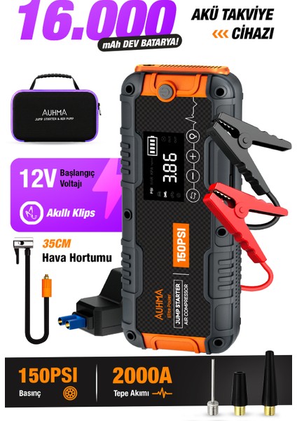 Auhma A9955 16000MAH Araç Akü Takviye Cihazı ve Hava Kompresörü – 150 Psı Dijital Şarjlı Oto Lastik Şişirme Pompası Powerbank Özellikli Jump Starter
