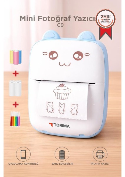 Torima Yazıcı Termal Kablosuz Bağlantılı Ap Kontrol Taşınabilir Mini Yazıcı C9 Mavi