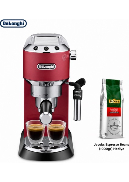 DeLonghi Kırmızı Manuel Espresso Makinesi, Barista Tipi Kahve Hazırlama, Kompakt Metal Gövde, Süt Köpürtme Aparatı ve Günlük Mutfak Için Şık Çözüm Pratik Kullanım, Kolay Temizlik ve Kompakt Mutfak Uyumuyla
