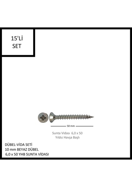 Dübel Vida Seti 15 Adet, 10 mm Dübel 6,0X50 Vida fiyatları