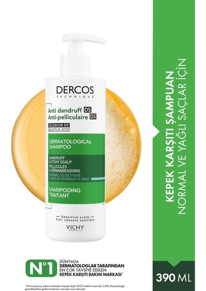 Vichy Dercos Kepek Önleyici Şampuan 390 ml Normal/Yağlı Saçlar İçin Temizleyici Etki