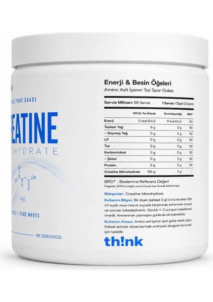 Pure Waves Creatine Monohydrate 200g - 66 Servis fiyatları
