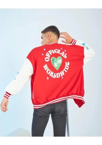 - Erkek Kolları Yıldız Sırt Baskılı Oversize Kolej Ceket - Kırmızı modelleri
