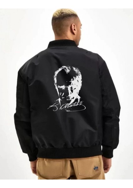 - Unisex Uzun Kol Baskılı Bomber Ceket - Siyah fiyatları