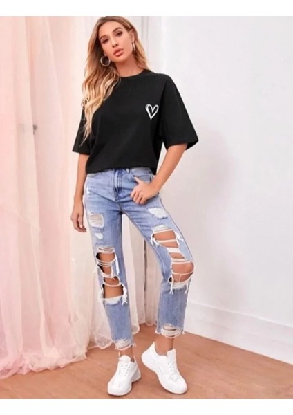 Bisiklet Yaka Baskılı Oversize T-Shirt - Siyah fiyatları