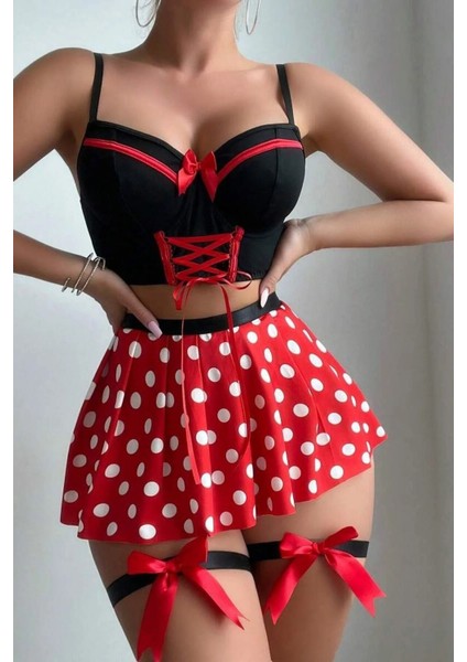 Bella Notte 5 Parça Kırmızı Puantiyeli Fransız Model Kostüm