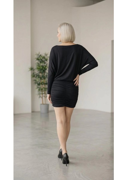 Mini Drape Etekli Elbise (Siyah) fiyatları
