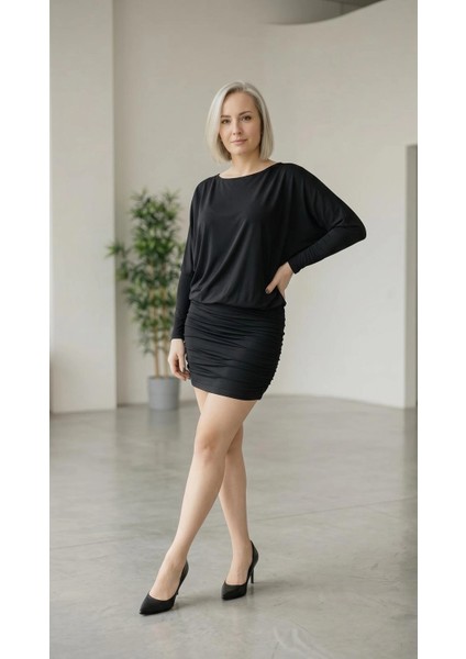 Mini Drape Etekli Elbise (Siyah) modelleri