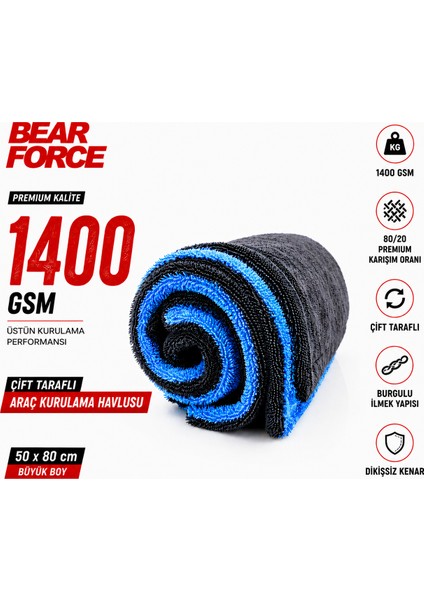 Robeve Bear Force Premium Araç Kurulama Havlusu 50X80 cm 1400 Gsm Çift Taraflı Mikrofiber Oto Kurulama Bezi Dikişsiz Kenar Burgulu Ilmek Yapılı Yüksek Su Emici Profesyonel Araç Bakım Havlusu