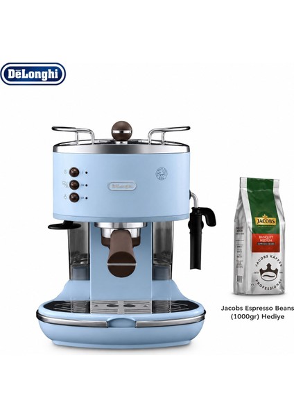 DeLonghi Mavi Vintage Manuel Espresso ve Cappuccino Makinesi, Süt Köpürtücülü Dekoratif Kahve Köşesi ve Güçlü Günlük Performans Evde Günlük Kullanım ve Pratik Barista Hazırlığı Için