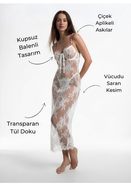 - Bee Fleur Blanche İthal Beyaz Transparan Dantel Uzun Gecelik modelleri