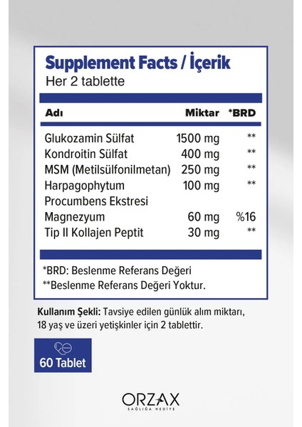Glukozamin Kompleks 60 Tablet Eklem Dostu Takviye İçeriği ile Yetişkinler İçin