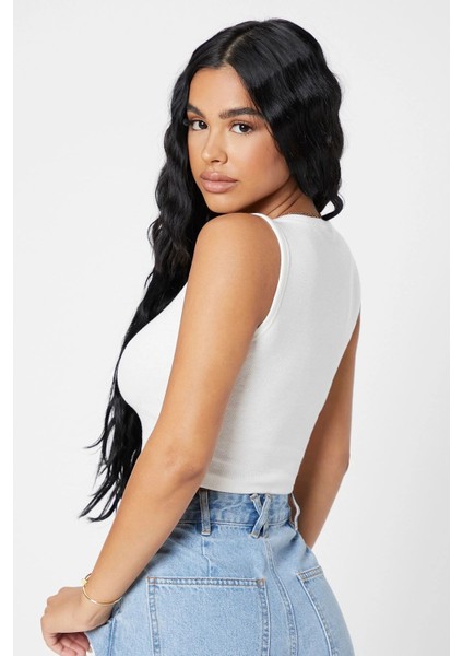 Kadın Beyaz Kare Yaka Crop Top Bluz fiyatları