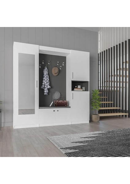 Lüks Puflu Aynalı Portmanto Askılı Vestiyer %100 MDF Çok Raflı Ayakkabılık V06 210 cm Genişlik