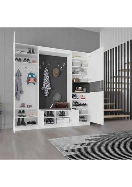 Lüks Puflu Aynalı Portmanto Askılı Vestiyer %100 MDF Çok Raflı Ayakkabılık V06 210 cm Genişlik