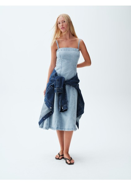 Kadın Açık Mavi Denim Midi Elbise fiyatları