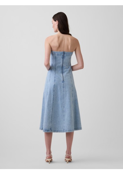 Kadın Açık Mavi Denim Midi Elbise