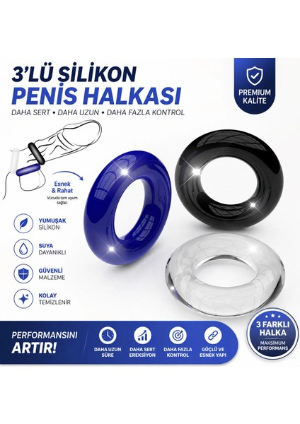 3'lü Silikon Halka Seti Cinsel İlişkiyi Uzatan Geciktirici Özellikli Dayanıklı Malzeme