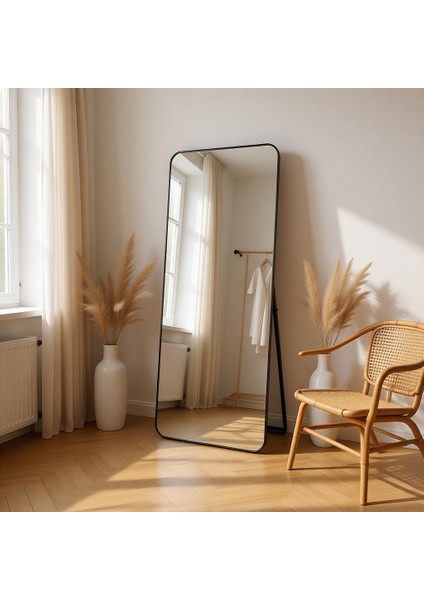 180X60 Siyah Metal Çerçeveli Oval Dikdörtgen Boy Aynası Ayaklı Tasarım fiyatları
