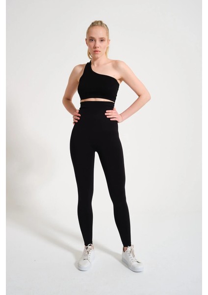 Kadın Yüksek Bel Dikişsiz Tayt - Slim Fit Spor Alt Giyim & Siyah 1450